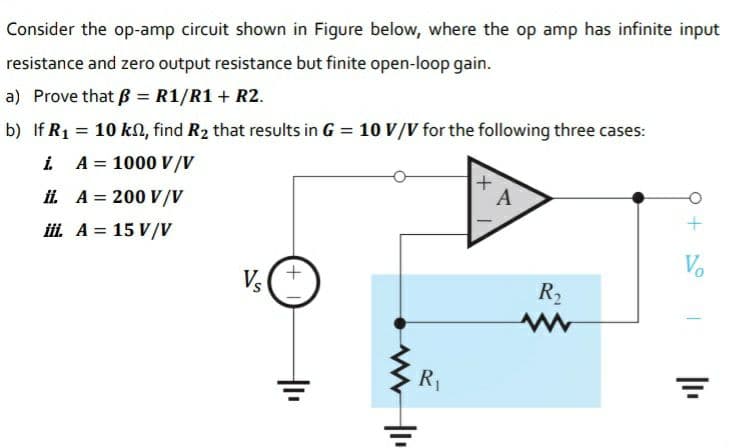 Consider the op-amp circuit shown in Figure below, where the op amp has infinite input
resistance and zero output resistance but finite open-loop gain.
a) Prove that ß = R1/R1 + R2.
b) If R1 = 10 kl, find R2 that results in G = 10 V/V for the following three cases:
i A = 1000 V/V
A
ii. A = 200 V/V
iii. A = 15 V/V
%3D
Vo
Vs
R2
R1
