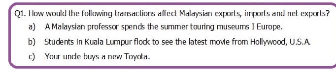 Q1. How would the following transactions affect Malaysian exports, imports and net exports?
a) A Malaysian professor spends the summer touring museums I Europe.
b) Students in Kuala Lumpur flock to see the latest movie from Hollywood, U.S.A.
c) Your uncle buys a new Toyota.
