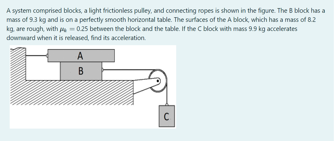 A system comprised blocks, a light frictionless pulley, and connecting ropes is shown in the figure. The B block has a
mass of 9.3 kg and is on a perfectly smooth horizontal table. The surfaces of the A block, which has a mass of 8.2
kg, are rough, with Hk = 0.25 between the block and the table. If the C block with mass 9.9 kg accelerates
downward when it is released, find its acceleration.
A
B
C.
