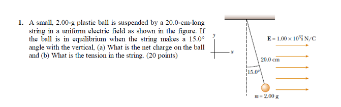 1. A small, 2.00-g plastic ball is suspended by a 20.0-cm-long
string in a uniform electric field as shown in the figure. If
the ball is in equilibrium when the string makes a 15.0°
angle with the vertical, (a) What is the net charge on the ball
and (b) What is the tension in the string. (20 points)
E= 1.00 x 10°i N/C
20.0 cm
15.0%
m- 2.00 g
