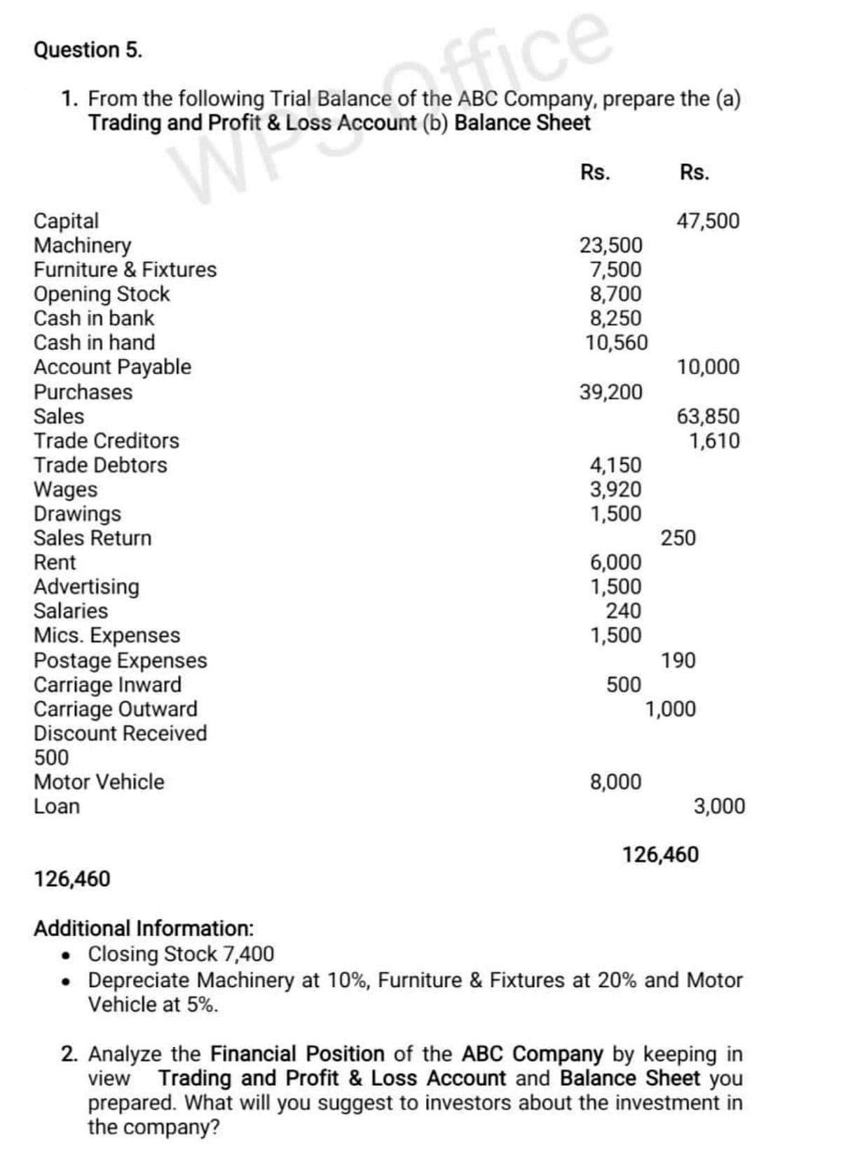 ffice
Question 5.
1. From the following Trial Balance of the ABC Company, prepare the (a)
Trading and Profit & Loss Account (b) Balance Sheet
Rs.
Rs.
Capital
Machinery
Furniture & Fixtures
47,500
Opening Stock
Cash in bank
Cash in hand
Account Payable
23,500
7,500
8,700
8,250
10,560
10,000
Purchases
Sales
Trade Creditors
Trade Debtors
39,200
63,850
1,610
4,150
3,920
1,500
Wages
Drawings
Sales Return
Rent
250
Advertising
Salaries
6,000
1,500
240
Mics. Expenses
Postage Expenses
Carriage Inward
Carriage Outward
Discount Received
1,500
190
500
1,000
500
Motor Vehicle
Loan
8,000
3,000
126,460
126,460
Additional Information:
Closing Stock 7,400
Depreciate Machinery at 10%, Furniture & Fixtures at 20% and Motor
Vehicle at 5%.
2. Analyze the Financial Position of the ABC Company by keeping in
view Trading and Profit & Loss Account and Balance Sheet you
prepared. What will you suggest to investors about the investment in
the company?
