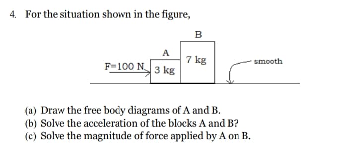 4. For the situation shown in the figure,
B
A
7 kg
F=100 N3 kg
smooth
(a) Draw the free body diagrams of A and B.
(b) Solve the acceleration of the blocks A and B?
(c) Solve the magnitude of force applied by A on B.
