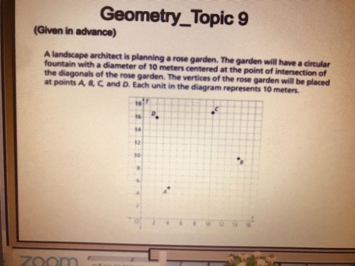 Geometry_Topic 9
TOP
(Given in advance)
A landscape architect is planning a rose garden. The garden will have a dircular
fountain with a diameter of 10 meters centered at the point of intersection of
the diagonals of the rose garden. The vertices of the rose garden will be placed
at points A, 8, C and D. Each unit in the diagram represents 10 meters.
ZOO
Zoom
