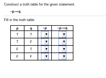 Construct a truth table for the given statement.
Fill in the truth table.
b.
