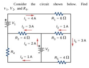 Consider the circuit shown below. Find
V1, V, and R4.
4 = 4 A
R = 62
2= 3A
R- 42
R- 62
4 = 2 A
+1
|
s = 3 A
R
4=1A
Rs = 4N
