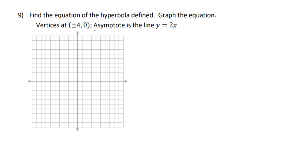 9) Find the equation of the hyperbola defined. Graph the equation.
Vertices at (+4,0); Asymptote is the line y = 2x
