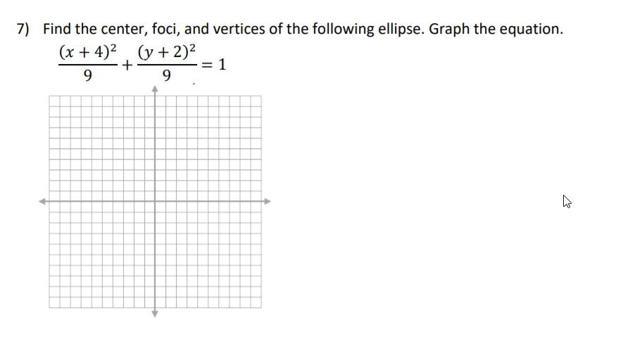 7) Find the center, foci, and vertices of the following ellipse. Graph the equation.
(x + 4)2. (y + 2)²
= 1
+
9.
9
