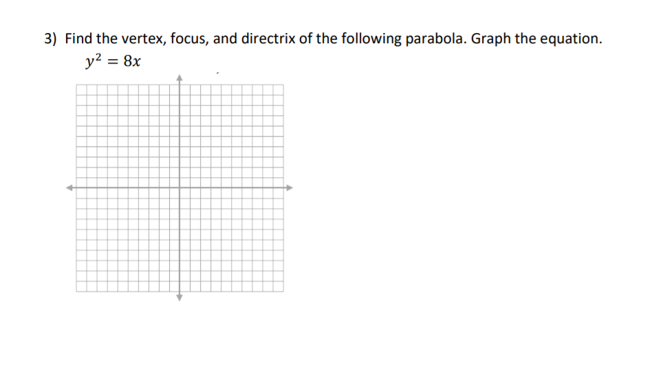 3) Find the vertex, focus, and directrix of the following parabola. Graph the equation.
y2 = 8x
