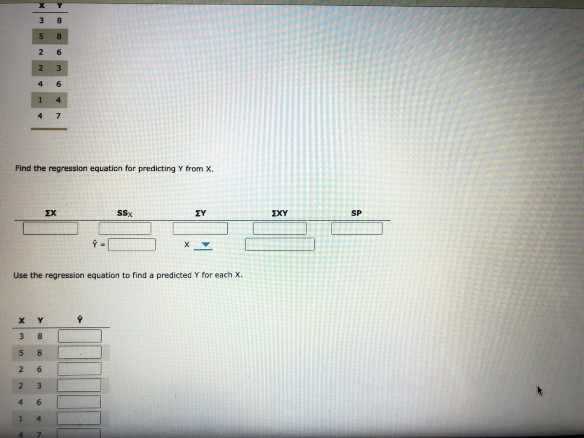 8.
8.
6
3
4
Find the regression equation for predicting Y from X.
ΣΧ
SSx
ΣΥ
ΣΧΥ
SP
Use the regression equation to find a predicted Y for each X.
X Y
3.
6.
4.
4,
14
