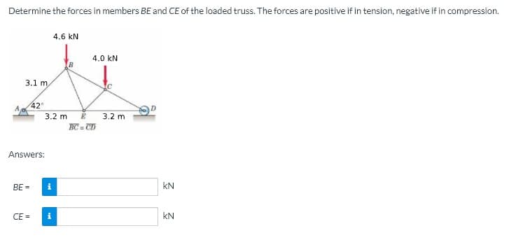 Determine the forces in members BE and CE of the loaded truss. The forces are positive if in tension, negative if in compression.
4.6 kN
4.0 kN
B
3.1 m
42"
A
3.2 m
E
3.2 m
BC = CD
Answers:
BE =
i
kN
CE =
i
kN
