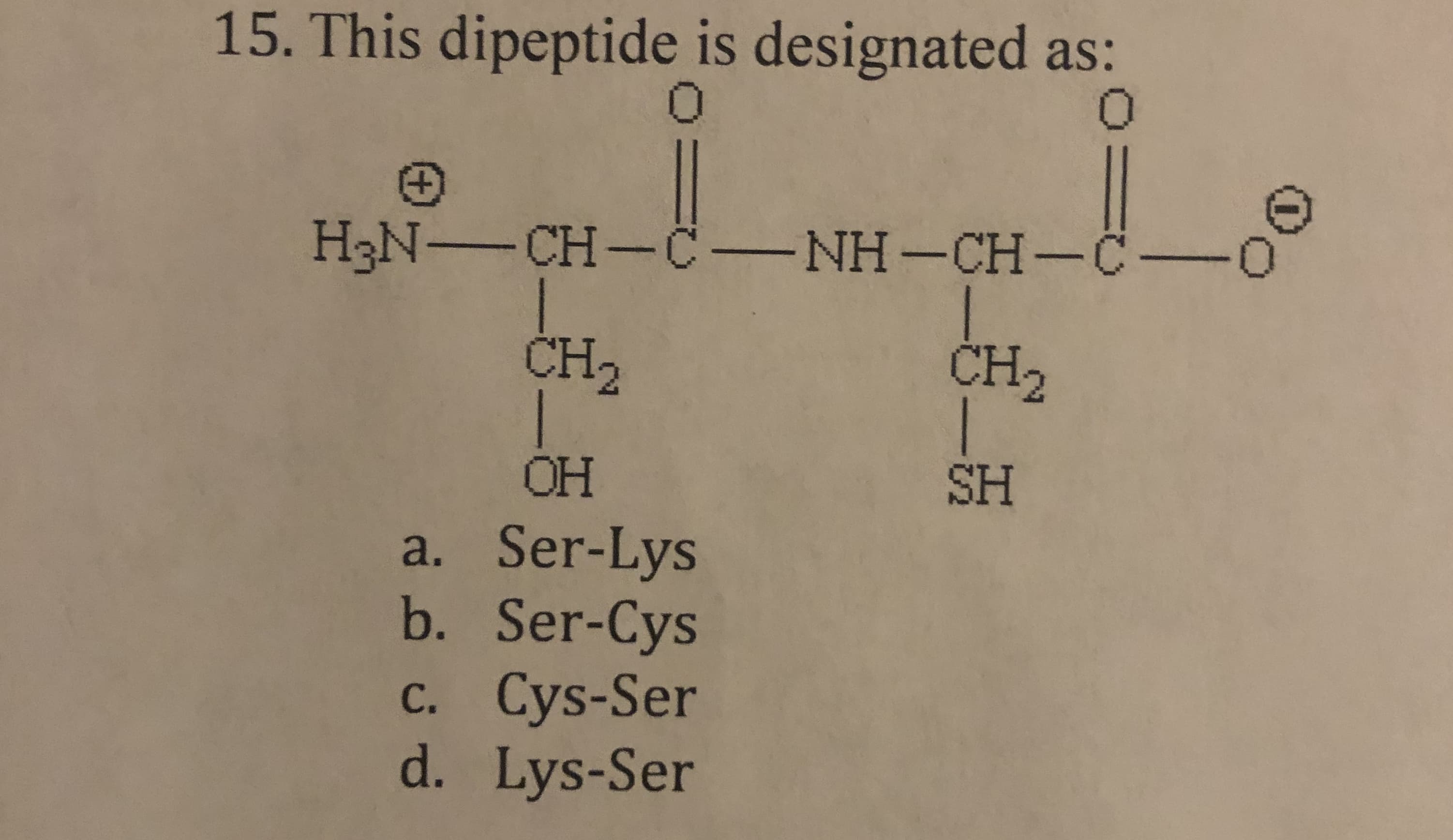 15. This dipeptide is designated as:
0
O
H3N-CH-CNH-CH-C-o
CH2
CH2
OH
SH
a. Ser-Lys
b. Ser-Cys
c. Cys-Ser
d. Lys-Ser
