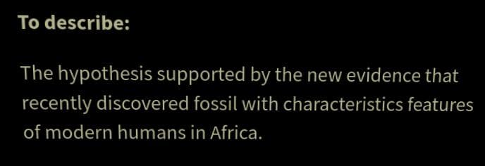 To describe:
The hypothesis supported by the new evidence that
recently discovered fossil with characteristics features
of modern humans in Africa.