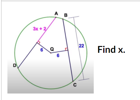 A B
3x + 2
22
Find x.
Q
6
D
