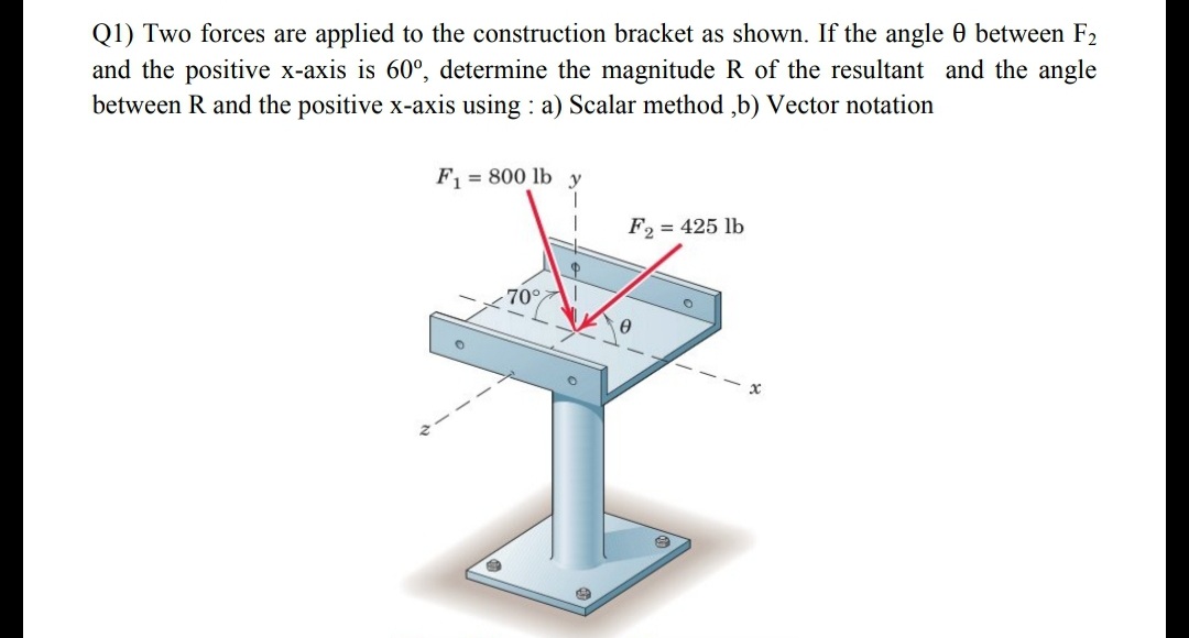 Q1) Two forces are applied to the construction bracket as shown. If the angle 0 between F2
and the positive x-axis is 60°, determine the magnitude R of the resultant and the angle
between R and the positive x-axis using : a) Scalar method ,b) Vector notation
F, = 800 lb
y
F2 = 425 lb
70°
