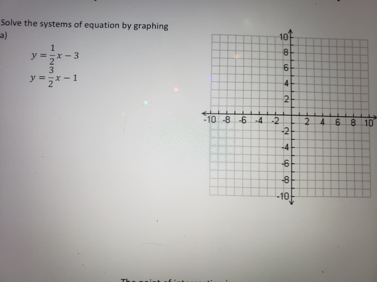 Solve the systems of equation by graphing
a)
1
y=-x-3
2
3
}=z*-1
101
8
6
4
2
-10 -8 -6 -4 -2
-21
-4
-6
-8
-10-
2
4
(C
6
8 10