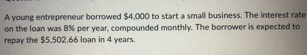 A young entrepreneur borrowed $4,000 to start a small business. The interest rate
on the loan was 8% per year, compounded monthly. The borrower is expected to
repay the $5,502.66 loan in 4 years.