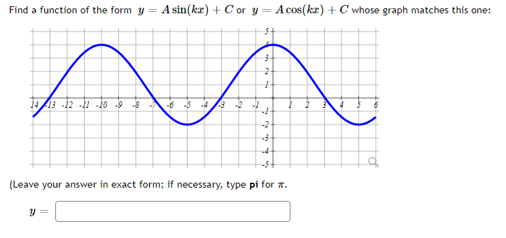 Find a function of the form y = A sin(kx) + C or y = A cos(kx) +C whose graph matches this one:
14/13 -12 -11 -10 -9
-8
-6
-5
-4
-2
-2
-4-
(Leave your answer in exact form; if necessary, type pi for T.
y =
