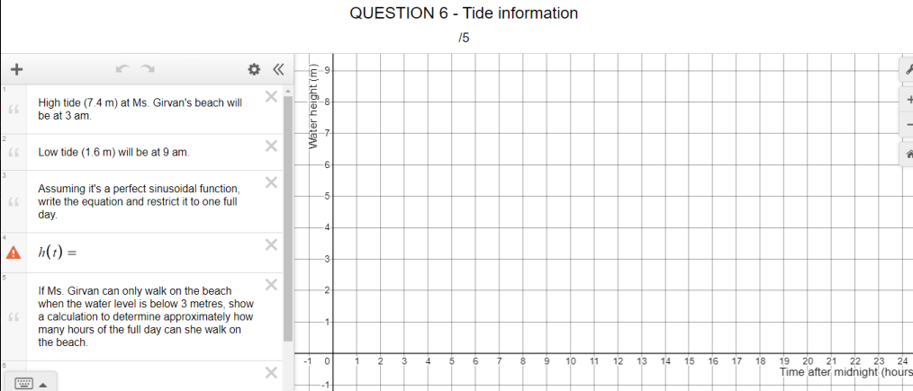 QUESTION 6 - Tide information
15
+
High tide (7.4 m) at Ms. Girvan's beach will
be at 3 am.
Low tide (1.6 m) will be at 9 am.
Assuming it's a perfect sinusoidal function.
write the equation and restrict it to one full
day
A h(t) =
If Ms. Girvan can only walk on the beach
when the water level is below 3 metres, show
a calculation to determine approximately how
many hours of the full day can she walk on
the beach.
19 20 21
18
Time 'after midnight (hours
10
12
13
14
15
16
17
22 23 24
Water height (m)
