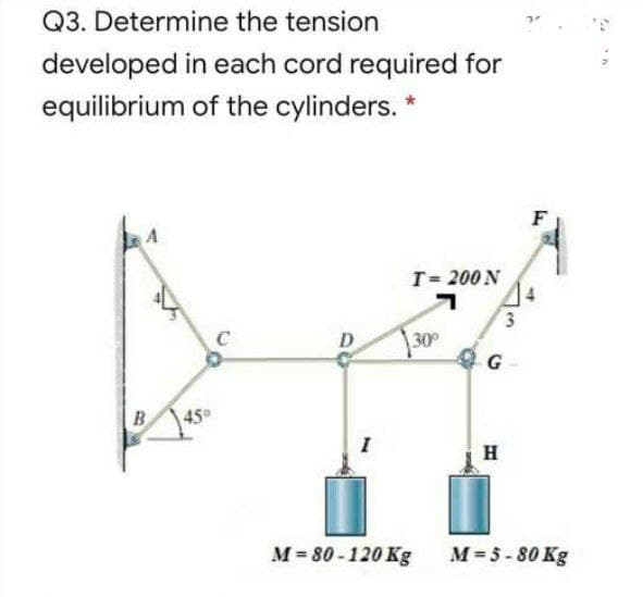 Q3. Determine the tension
developed in each cord required for
equilibrium of the cylinders. *
F
T= 200 N
C
D
30
G
B
45°
H
M = 80-120 Kg
M=5-80 Kg
