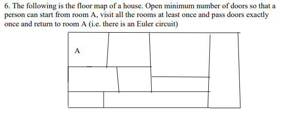 6. The following is the floor map of a house. Open minimum number of doors so that a
person can start from room A, visit all the rooms at least once and pass doors exactly
once and return to room A (i.e. there is an Euler circuit)
A
