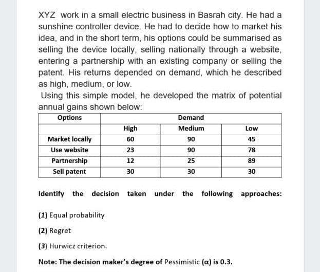 XYZ work in a small electric business in Basrah city. He had a
sunshine controller device. He had to decide how to market his
idea, and in the short term, his options could be summarised as
selling the device locally, selling nationally through a website,
entering a partnership with an existing company or selling the
patent. His returns depended on demand, which he described
as high, medium, or low.
Using this simple model, he developed the matrix of potential
annual gains shown below:
Options
Demand
High
Medium
Low
Market locally
Use website
Partnership
60
90
45
23
90
78
12
25
89
Sell patent
30
30
30
Identify the decision taken under the following approaches:
(1) Equal probability
(2) Regret
(3) Hurwicz criterion.
Note: The decision maker's degree of Pessimistic (a) is 0.3.
