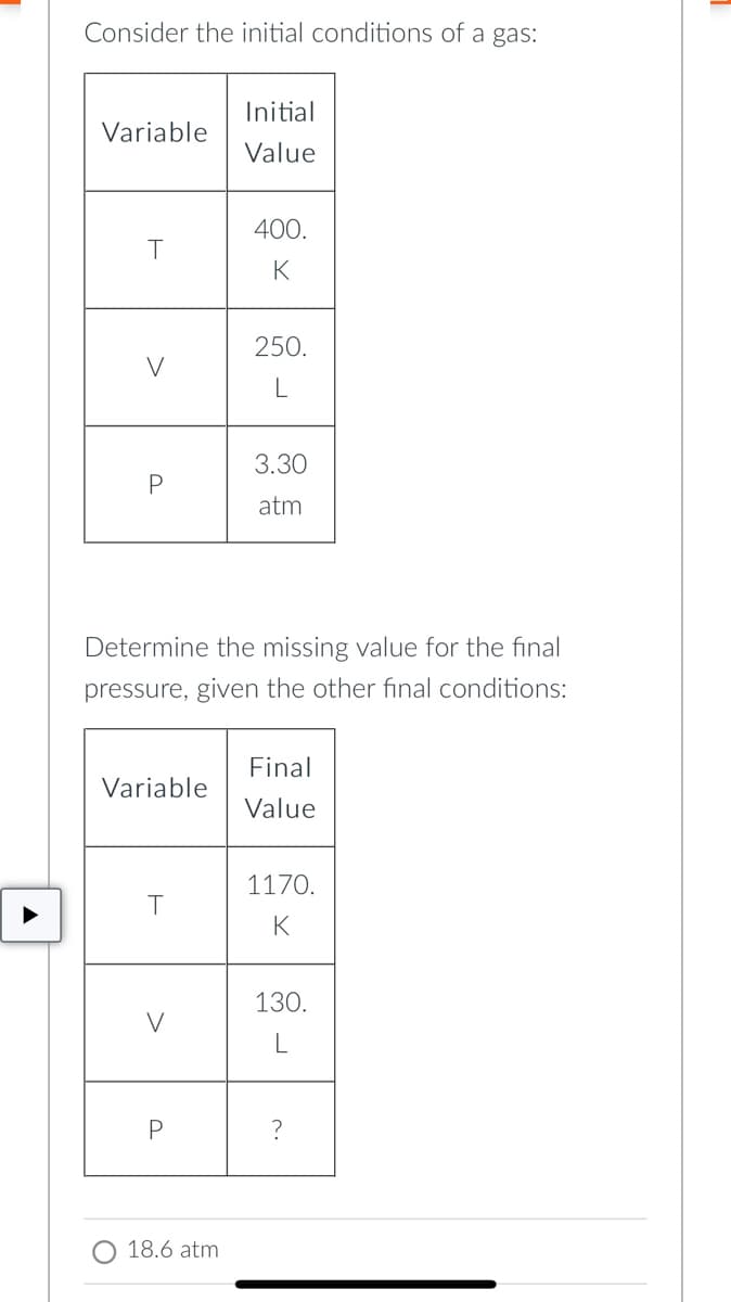 Consider the initial conditions of a gas:
Initial
Variable
Value
400.
K
250.
V
3.30
atm
Determine the missing value for the final
pressure, given the other final conditions:
Final
Variable
Value
1170.
K
130.
V
P
18.6 atm
A
