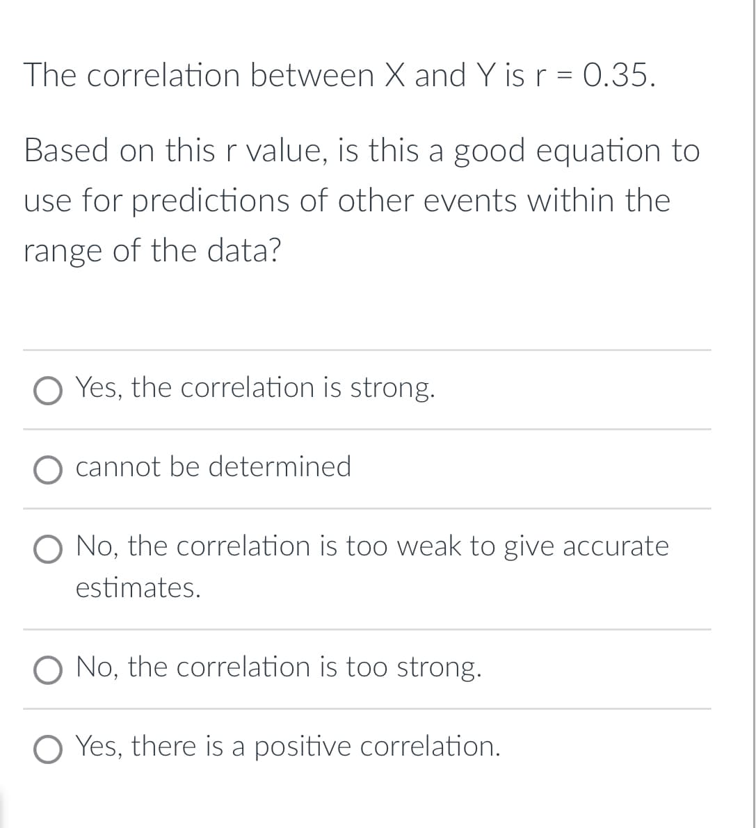 The correlation between X and Y is r = 0.35.
Based on thisr value, is this a good equation to
use for predictions of other events within the
range of the data?
O Yes, the correlation is strong.
cannot be determined
O No, the correlation is too weak to give accurate
estimates.
O No, the correlation is too strong.
O Yes, there is a positive correlation.
