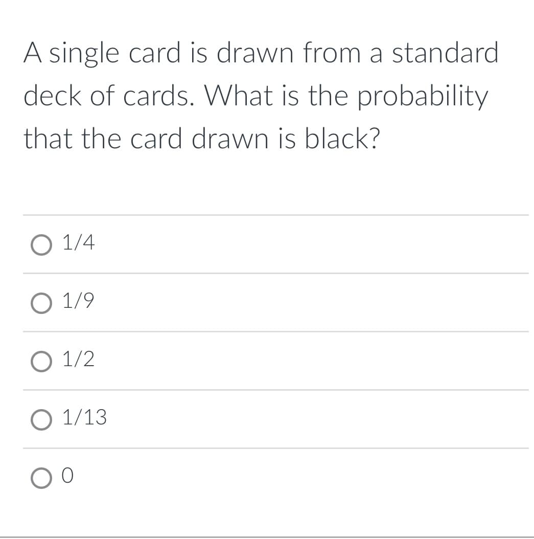 A single card is drawn from a standard
deck of cards. What is the probability
that the card drawn is black?
О 1/4
O 1/9
О 1/2
O 1/13
