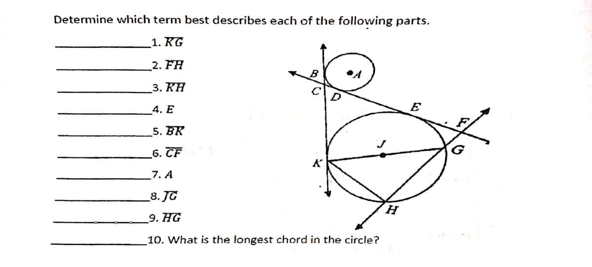 Determine which term best describes each of the following parts.
1. KG
2. FH
3. KH
4. E
E
5. BR
_6. ĈF
K
7. А
8. JG
H.
9. HG
10. What is the longest chord in the circle?
