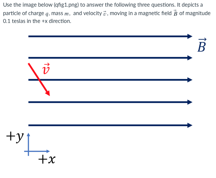 Use the image below (qfig1.png) to answer the following three questions. It depicts a
particle of charge q, mass m, and velocity i, moving in a magnetic field B of magnitude
0.1 teslas in the +x direction.
В
+y
+x
