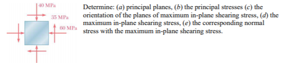 40 MPa
Determine: (a) principal planes, (b) the principal stresses (c) the
orientation of the planes of maximum in-plane shearing stress, (d) the
maximum in-plane shearing stress, (e) the corresponding normal
stress with the maximum in-plane shearing stress.
35 MPa
60 MPa
