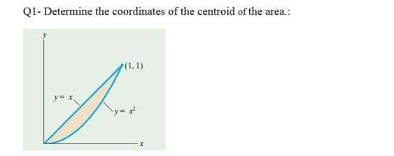 Q1- Determine the coordinates of the centroid of the area.:
(1,1)
y= x,
