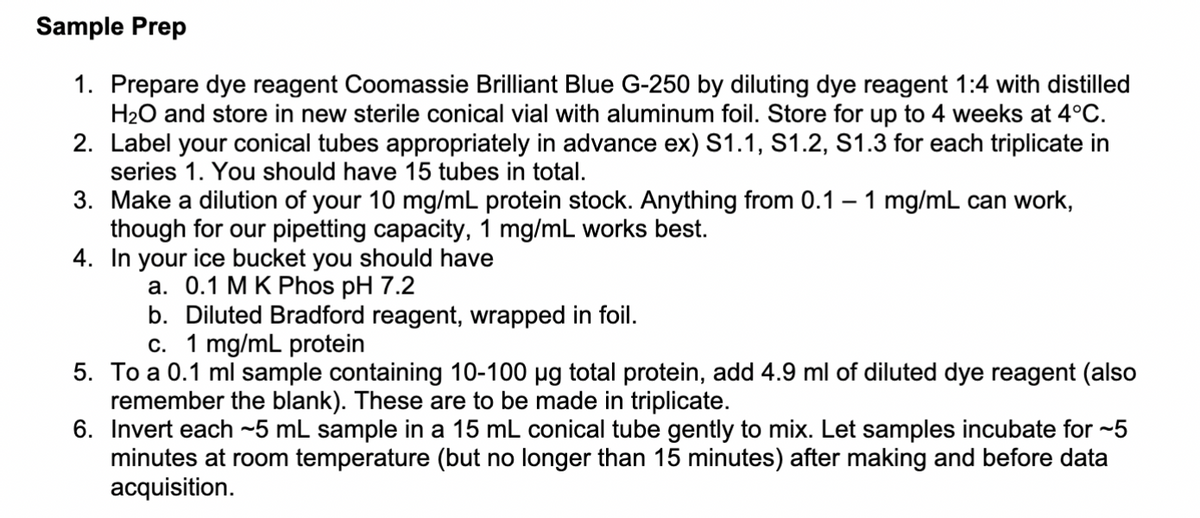 Sample Prep
1. Prepare dye reagent Coomassie Brilliant Blue G-250 by diluting dye reagent 1:4 with distilled
H2O and store in new sterile conical vial with aluminum foil. Store for up to 4 weeks at 4°C.
2. Label your conical tubes appropriately in advance ex) S1.1, S1.2, S1.3 for each triplicate in
series 1. You should have 15 tubes in total.
-
3. Make a dilution of your 10 mg/mL protein stock. Anything from 0.1 – 1 mg/mL can work,
though for our pipetting capacity, 1 mg/mL works best.
4. In your ice bucket you should have
a. 0.1 M K Phos pH 7.2
b. Diluted Bradford reagent, wrapped in foil.
c. 1 mg/mL protein
5. To a 0.1 ml sample containing 10-100 µg total protein, add 4.9 ml of diluted dye reagent (also
remember the blank). These are to be made in triplicate.
6. Invert each ~5 mL sample in a 15 mL conical tube gently to mix. Let samples incubate for ~5
minutes at room temperature (but no longer than 15 minutes) after making and before data
acquisition.