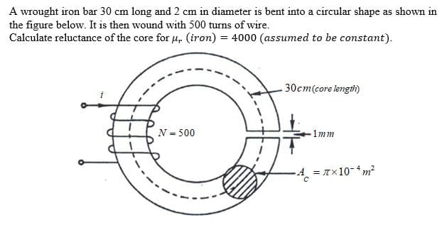 A wrought iron bar 30 cm long and 2 cm in diameter is bent into a circular shape as shown in
the figure below. It is then wound with 500 turns of wire.
Calculate reluctance of the core for u, (iron) = 4000 (assumed to be constant).
30cm(core length)
N = 500
1mm
A = Tx10-4m?
