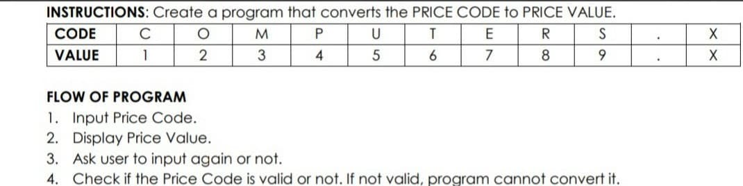 INSTRUCTIONS: Create a program that converts the PRICE CODE to PRICE VALUE.
CODE
C
M
U
T
E
R
S
VALUE
3
4
7
8.
9.
FLOW OF PROGRAM
1. Input Price Code.
2. Display Price Value.
3. Ask user to input again or not.
4. Check if the Price Code is valid or not. If not valid, program cannot convert it.

