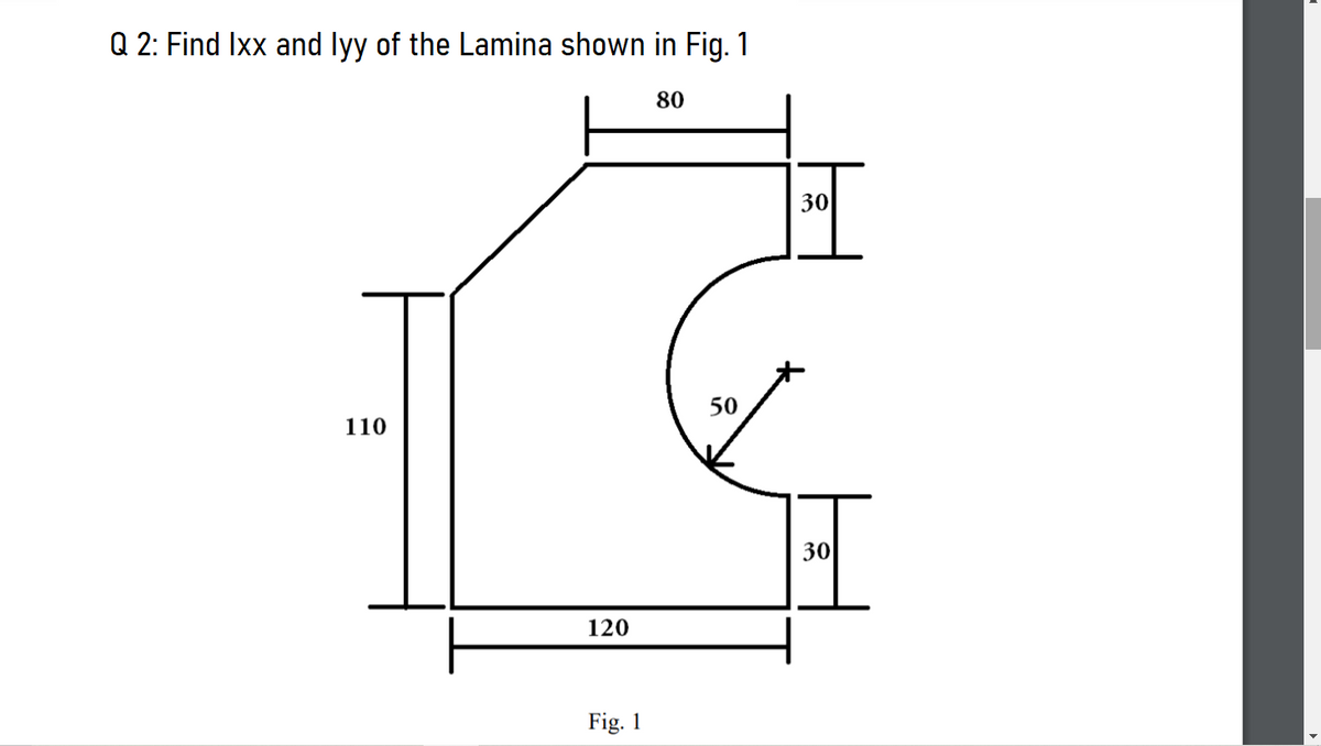 Q 2: Find Ixx and lyy of the Lamina shown in Fig. 1
80
30
50
110
30
120
Fig. 1
