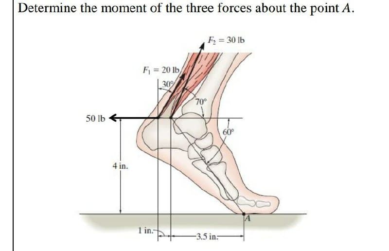 Determine the moment of the three forces about the point A.
F = 30 lb
F = 20 lb/
30%
70°
50 lb <
60°
4 in.
1 in.
-3.5 in:-
