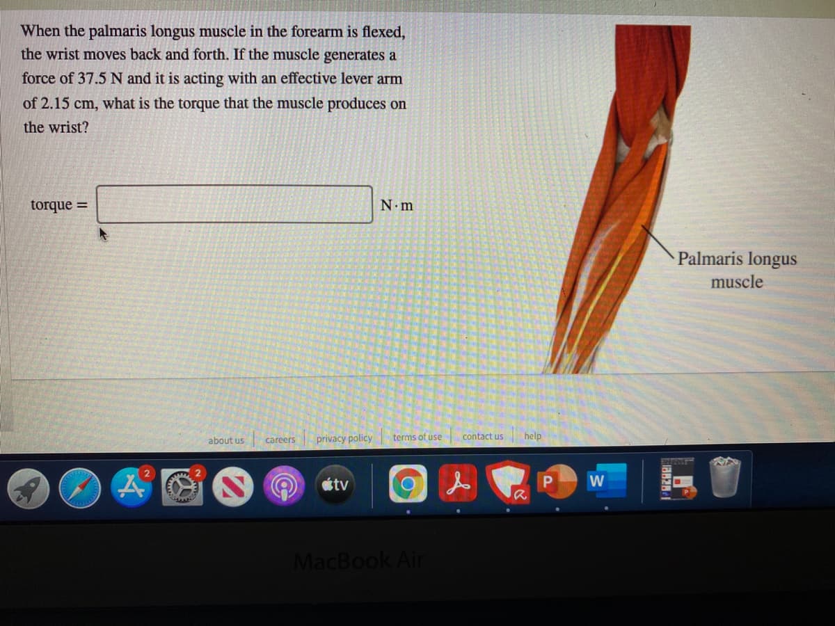 When the palmaris longus muscle in the forearm is flexed,
the wrist moves back and forth. If the muscle generates a
force of 37.5 N and it is acting with an effective lever arm
of 2.15 cm, what is the torque that the muscle produces on
the wrist?
torque =
N.m
Palmaris longus
muscle
about us
careers
privacy policy
terms of use
contact us
help
2
tv
W
MacBook Air
