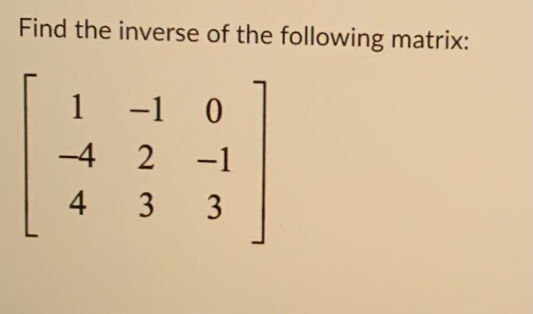 Find the inverse of the following matrix:
1
-1 0
-4
2
-1
4
3 3
