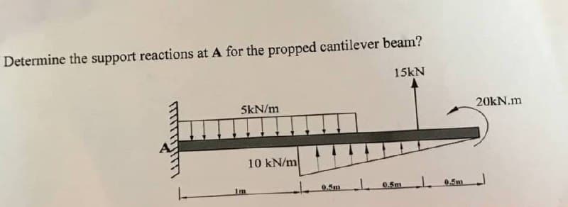 Determine the support reactions at A for the propped cantilever beam?
15kN
5kN/m
20kN.m
10 kN/m
0.5m L 0.5m
L0.5m
Im
