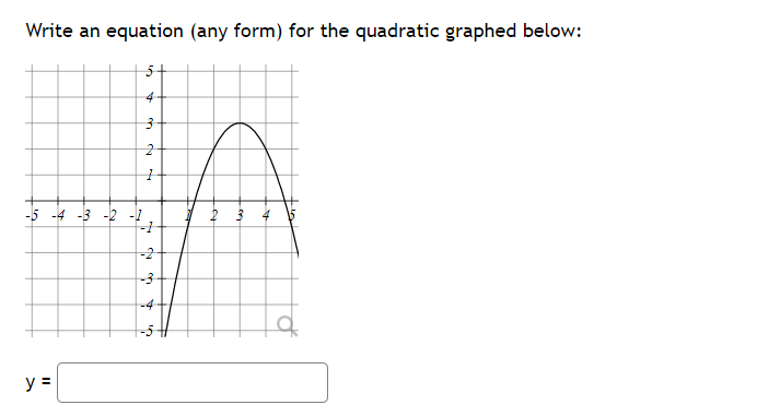 Write an equation (any form) for the quadratic graphed below:
5+
4
-5 -4 -3 -2
-2
-3
y =
