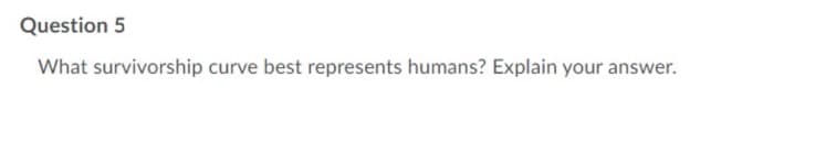 Question 5
What survivorship curve best represents humans? Explain your answer.