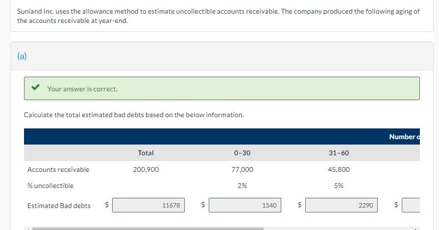 Sunland Inc. uses the allowance method to estimate uncollectible accounts receivable. The company produced the following aging of
the accounts receivable at year-end.
(a)
Your answer is correct.
Calculate the total estimated bad debts based on the below information.
Number d
Total
0-30
31-60
Accounts receivable
200,900
77,000
45,800
% uncollectible
2%
5%
Estimated Bad debts
11678
$
1540
2290
%24
%24
%24
%24
