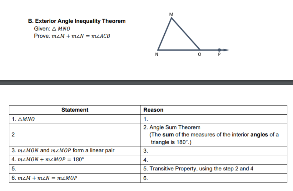 M
B. Exterior Angle Inequality Theorem
Given: Δ ΜΟ
Prove: mZM + mZN = MLACB
N
Statement
Reason
1. ΔΜΝ0
1.
2. Angle Sum Theorem
(The sum of the measures of the interior angles of a
triangle is 180°.)
2
3. MLMON and M2M0P form a linear pair
3.
4. MZMON + M2MOP = 180°
4.
5.
5. Transitive Property, using the step 2 and 4
6. m2M + mzN = M2MOP
6.
