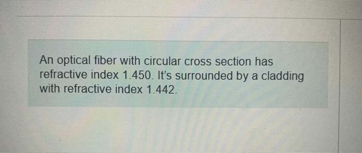 An optical fiber with circular cross section has
refractive index 1.450. It's surrounded by a cladding
with refractive index 1.442.
