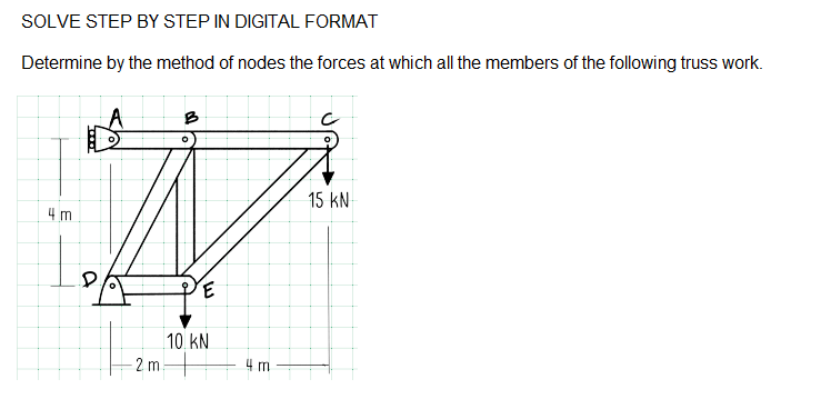 SOLVE STEP BY STEP IN DIGITAL FORMAT
Determine by the method of nodes the forces at which all the members of the following truss work.
A
B
15 kN
4 m
3,
10 kN
2 m
4 m
