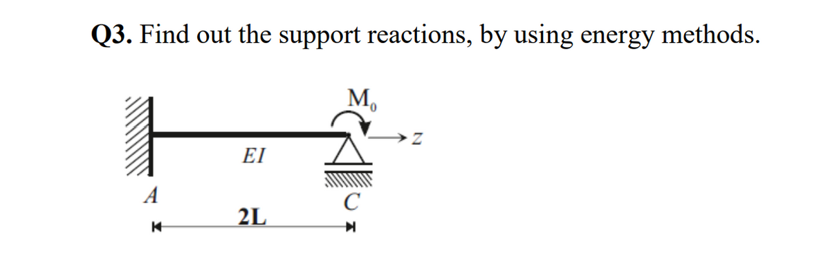 methods.
Q3. Find out the support reactions, by using energy
Mo
EI
A
C
2L
