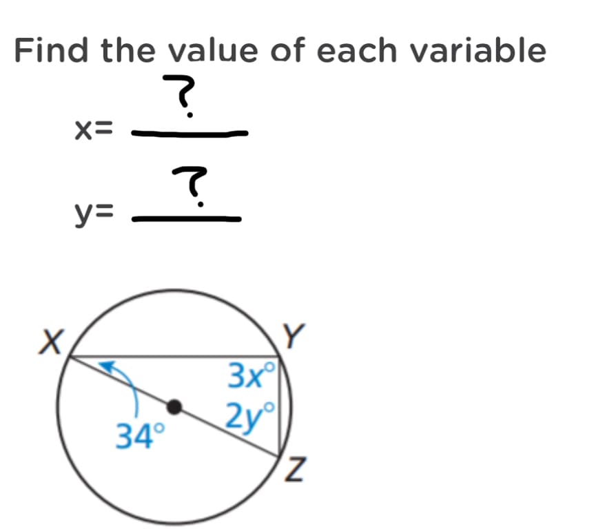 Find the value of each variable
x=
y=
Y
3x
2y
34°
Z,
