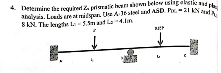 4. Determine the required Zx prismatic beam shown below using elastic and plas
añalysis. Loads are at midspan. Use A-36 steel and ASD. PDL = 21 kN and Pu
8 kN. The lengths L1 = 5.5m and L2 = 4.1m.
P
0.SSP
