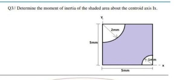 Q3// Determine the moment of inertia of the shaded area about the centroid axis Ix.
2mm
5mm
1mm
5mm